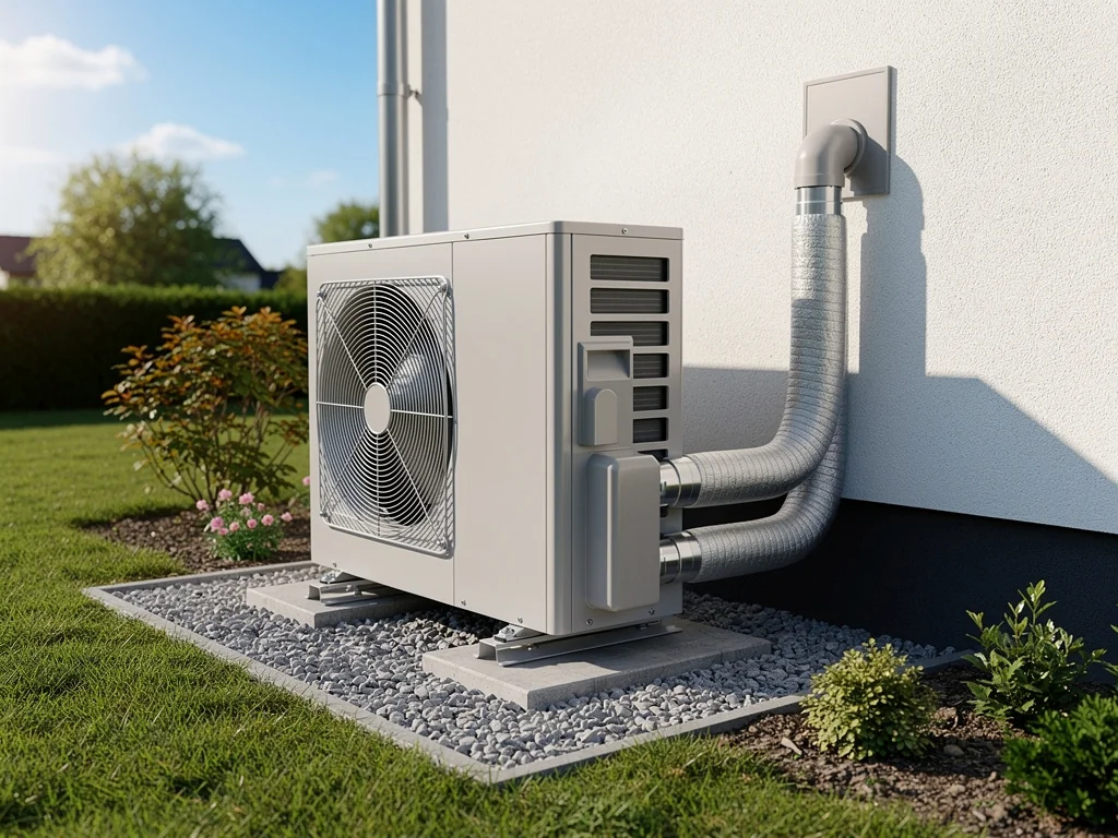 Pompe à chaleur air/eau réversible installée dans un jardin, liaisons raccordées
