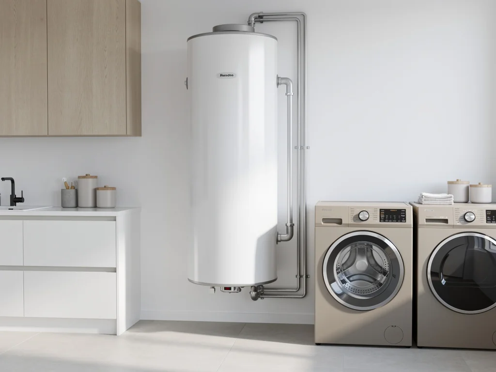 Chauffe-eau thermodynamique installé le long d'un mur de buanderie
